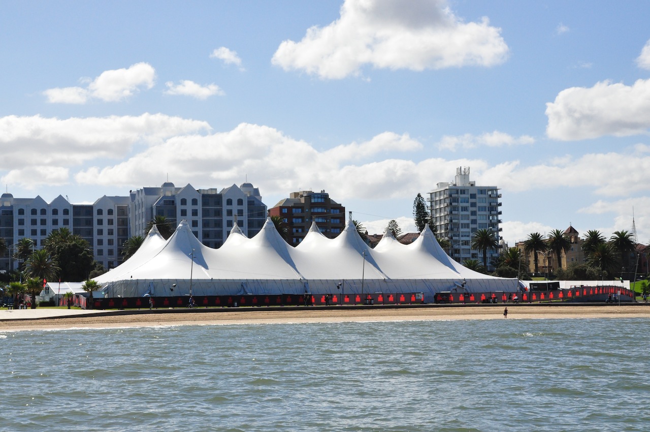 A Regal event tent on the St Kilda foreshore seen from the water